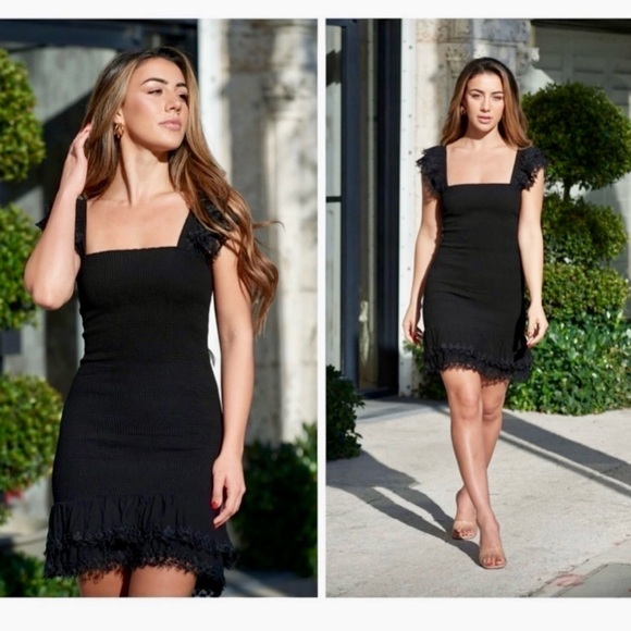 PEIXOTO Belle Crochet Ruched Smocked Lace Flutter Sleeve BodyCon Mini Dress NEW - Picture 3 of 11